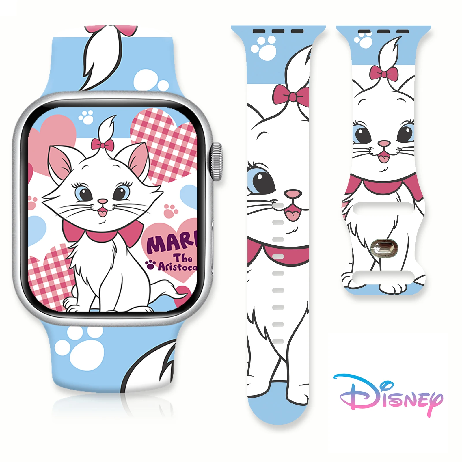 Disney Marie Cat Printed Strap for Apple Watch 9 8 7 SE Silicone Sport Band Replaceable Bracelet for iWatch 45mm 44mm 42mm 41mm