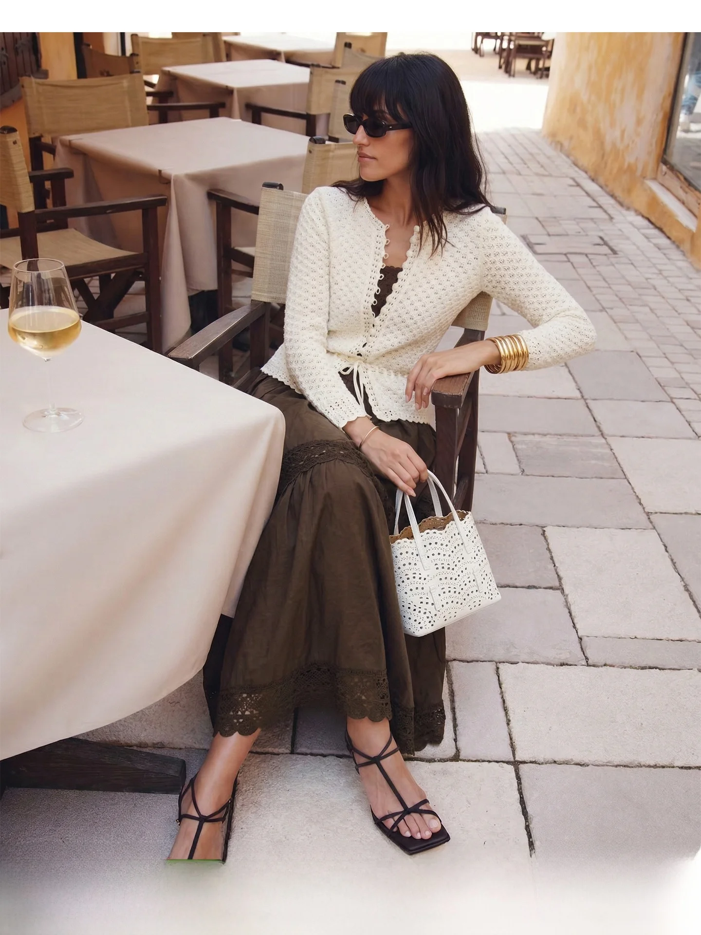 

Handmade Crochet Paper Silk Victoria Style Waist-Cinching Open Cardigan Long Sleeve Short Length Button Closure Women's Knitt...