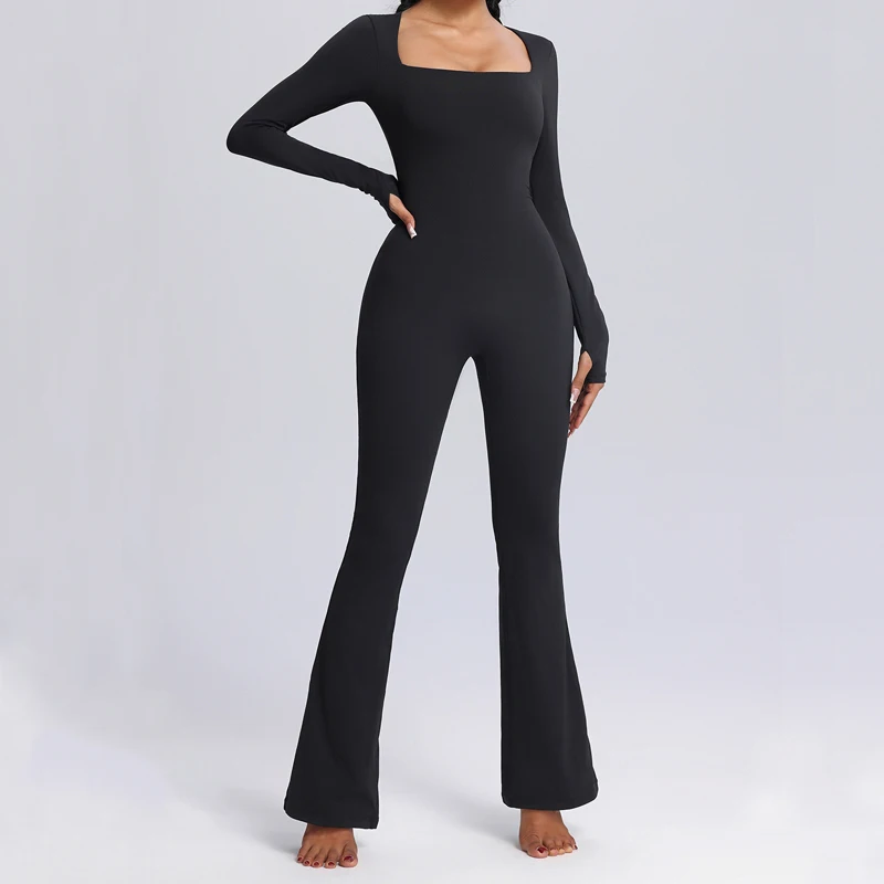 

VITALINOVO Workout Jumpsuits for Women Square Neck Wide Leg Full Length Romper Playsuit Built-In Bra Sexy One Piece Yoga Outfits