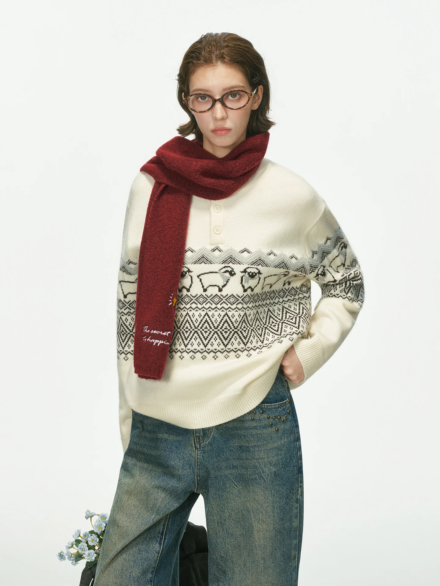 Dream Made Fair Isle Sheep Embroidered Knitwear Unisex Henry Collar Inner Wear Couple's Sweater Spring Autumn Commute Style