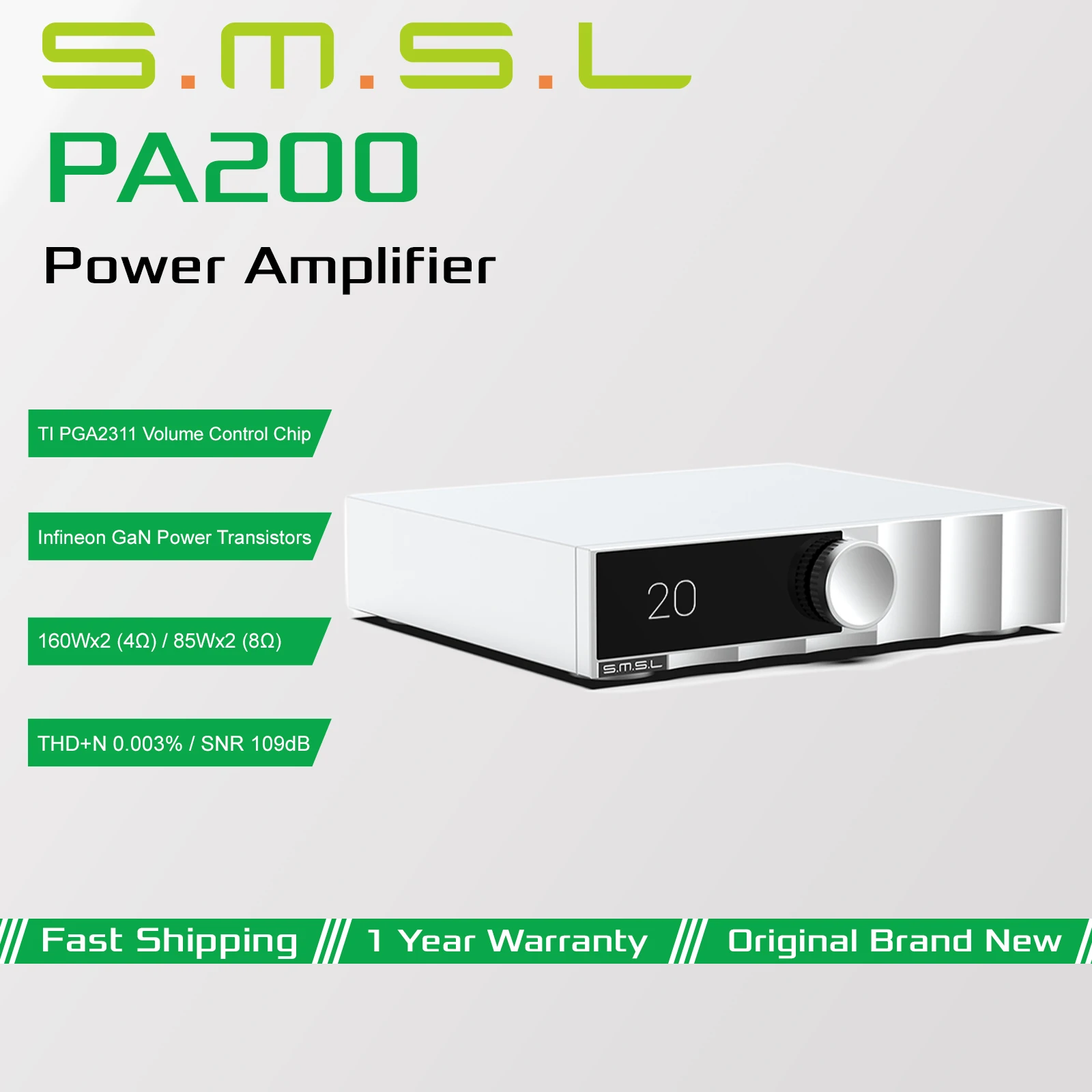 amplificador de potencia smsl pa200 de nitruro de galio transistores de potencia infineon gan chip de control de volumen ti pga2311 salida estereo de 160w4