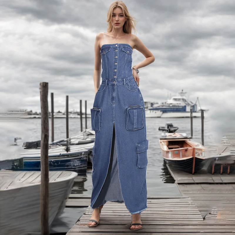 

Spring New Street Trendy Off-Shoulder Dress Retro Design Sense Strapless Denim Dress Split Long Pocket Stitching Skirt Women's