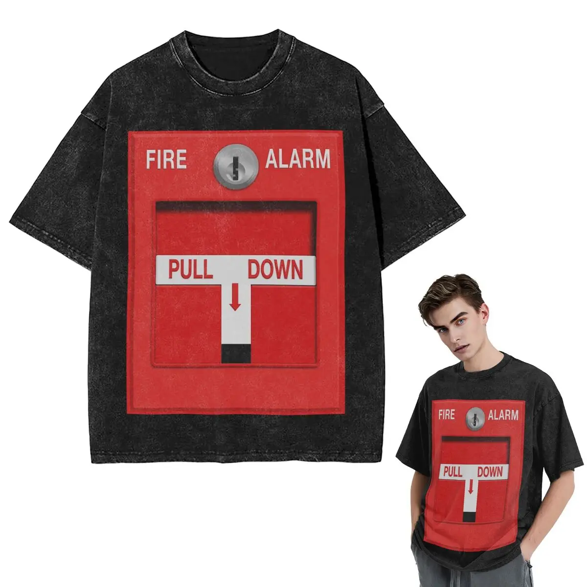 

Streetwear T-Shirts Fire Alarm Pull Station Washed T Shirt Short Sleeve Hip Hop T-Shirt Tops Tees for Men Women