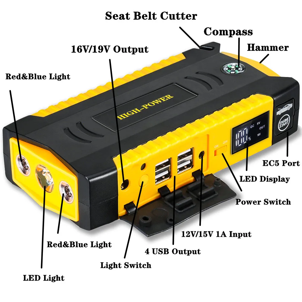 GKFLY-Démarreur de voiture diesel doré, batterie externe pour diabétique, chargeur d'appoint, dispositif de démarrage 12V, 16000mAh