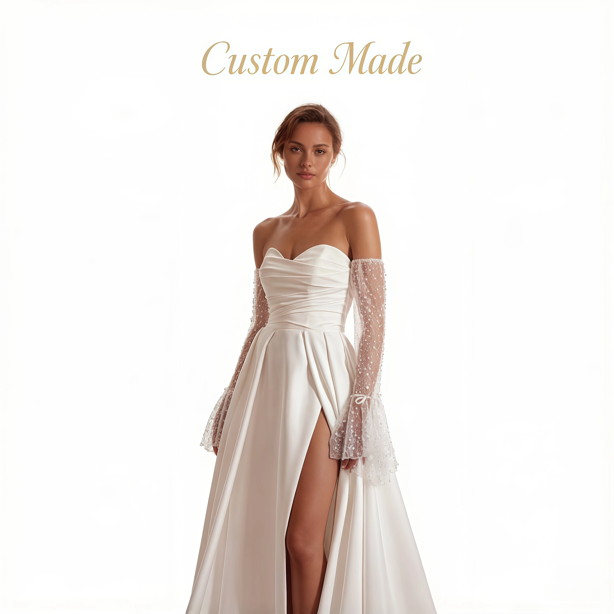 

Kitty Elegant Strapless Sweetheart Satin Sheath Wedding Dress High Slit Detachable Lace Bell Sleeves Floor Length Bridal Gown