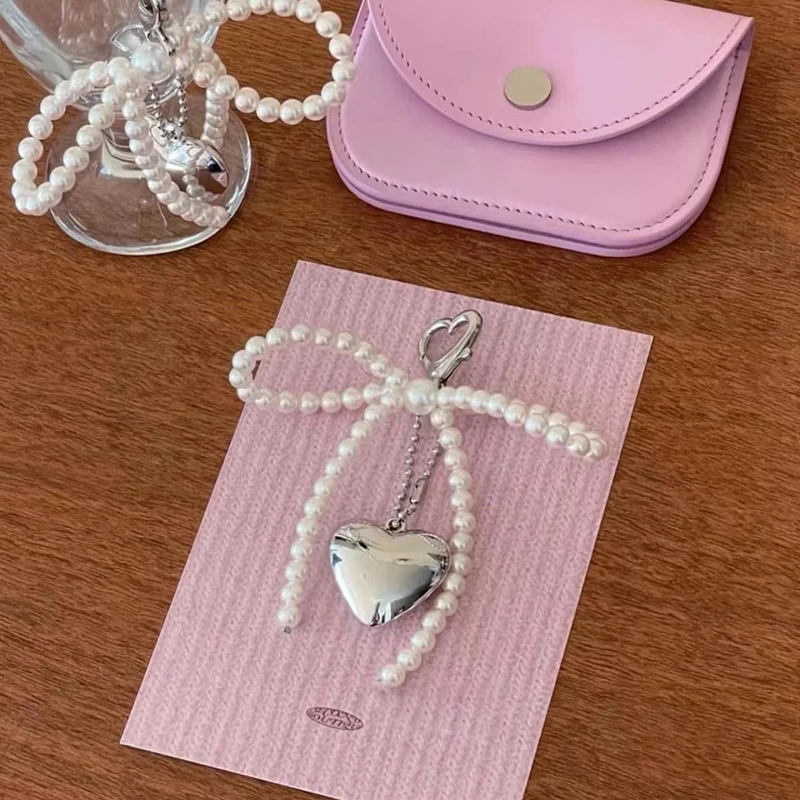 Cute Bow Pearl Mobile Phone Pendant Chain Y2K Heart Shape Pendant With Mobile Phone Accessories Camera Bag Keychain