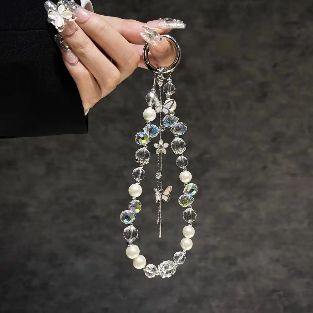 

Pearl Bling Crystal Phone Chain Anti-lost Short Tassel Butterfly Phone Lanyard Bag Charms Ins Phone Case Wrist Strap