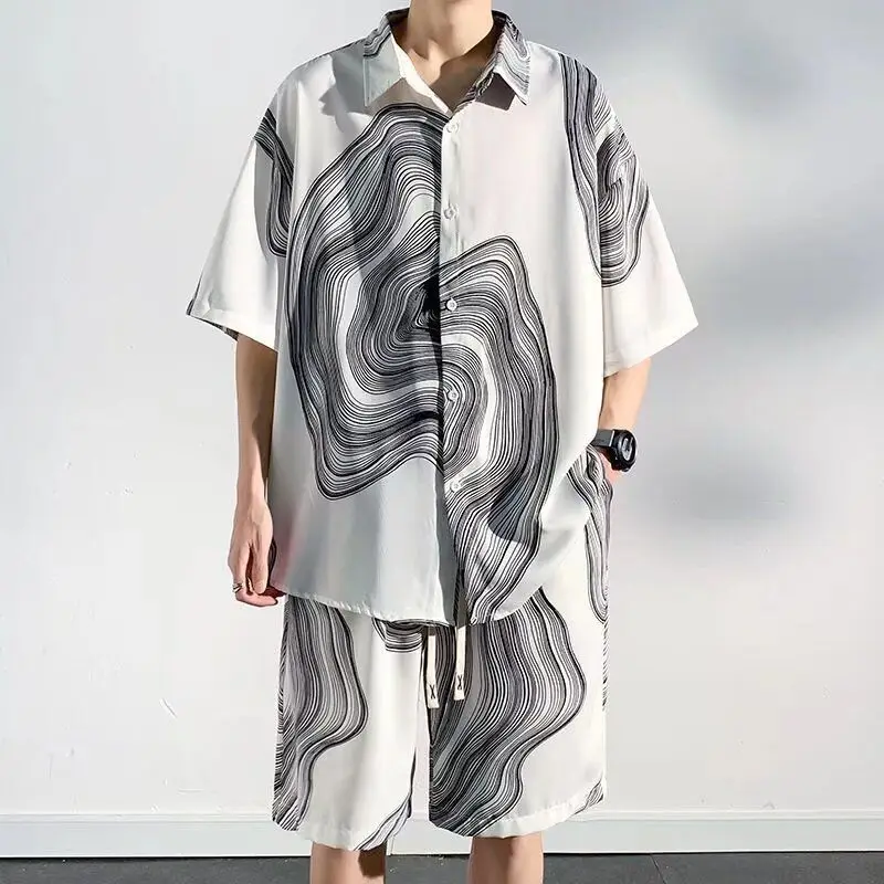 

Ice Silk Men's Short Sleeve Shirt and Pants Beach Holiday Vacation Couple's Outfit Large Size Summer Casual Beachwear