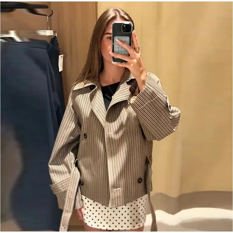 Damen Herbst Winter Trendige Karo-Kurzjacke mit Doppelreiher, Gürtel und Taschen, Jacken-Outfits, Streetwear, Trenchcoat für Frauen – Detail 5