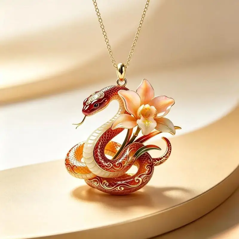 Vintage Jade Orchidee Geist Schlangen-Schlüsselanhänger, leichter Luxus-Anhänger, elegante Schlangen-Halskette als Schmuckgeschenk für die Freundin – Detail 5