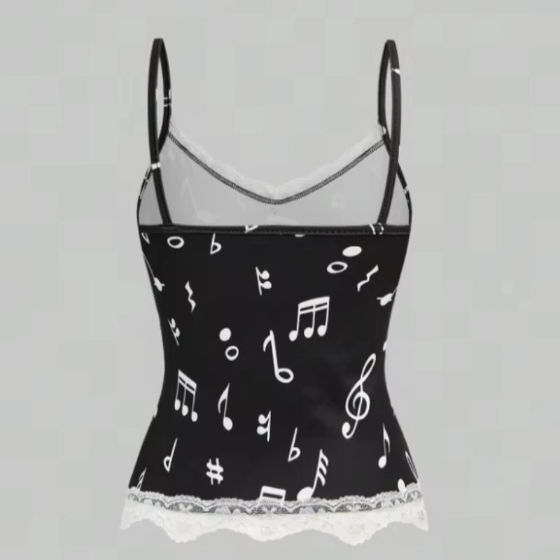 Fashion Aesthetics Hot Girl Y2k Aesthetic Cute Harajuku Music Elements Camisole Individuality Lace Slim Fit Vest Print Top Emo