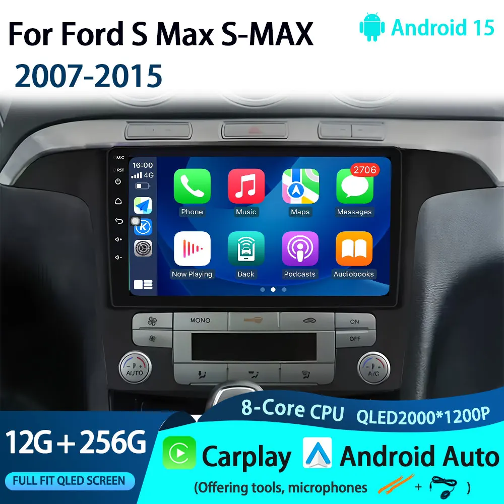 

Android 15 Авто радио для Ford S Max S-MAX 2007-2015 Carplay Мультимедийный видеоплеер Навигация GPS Без 2din 4G BT DSP GPS