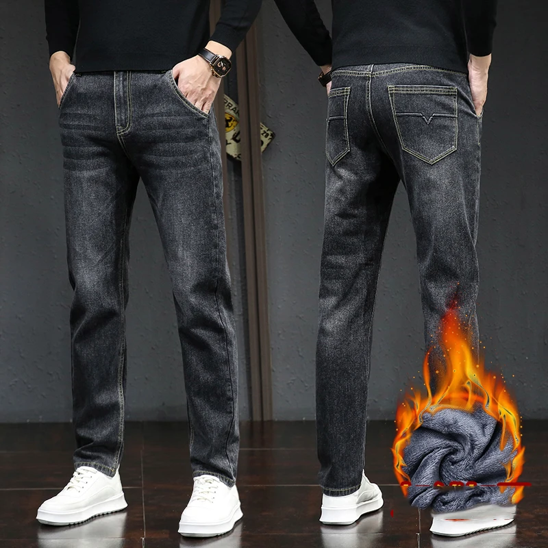 2024 Winter Fleece Thick Warm Jeans Men\'s Slim Business Straight Elastic Denim Pants Casual Male Clothing Fashion Plush Trousers