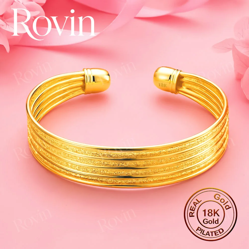 18K Gold Exquisite Multi-Strand Brushed Open Bangle – A Stylish Accessory for Weddings and Parties