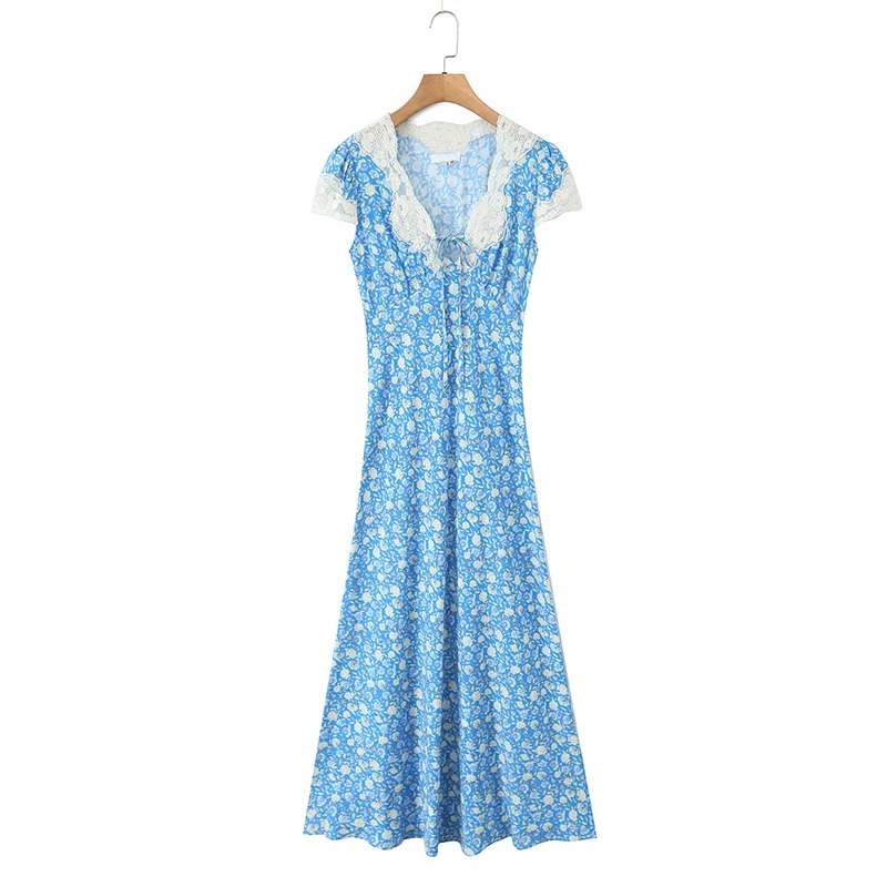 프렌치 레트로 레이스 트림 블루 플로럴 프린트 드레스 여성 V넥 반팔 A라인 여름 롱 드레스 휴가 맥시 로브 2026
