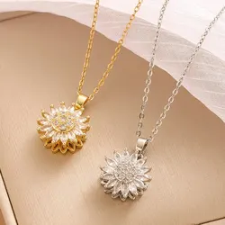 Trendy Rotation Spin Sunflower Stainless Steel Zircon Necklaces For Women Metal Crystal Necklace Party Birthday Gifts Jewelry