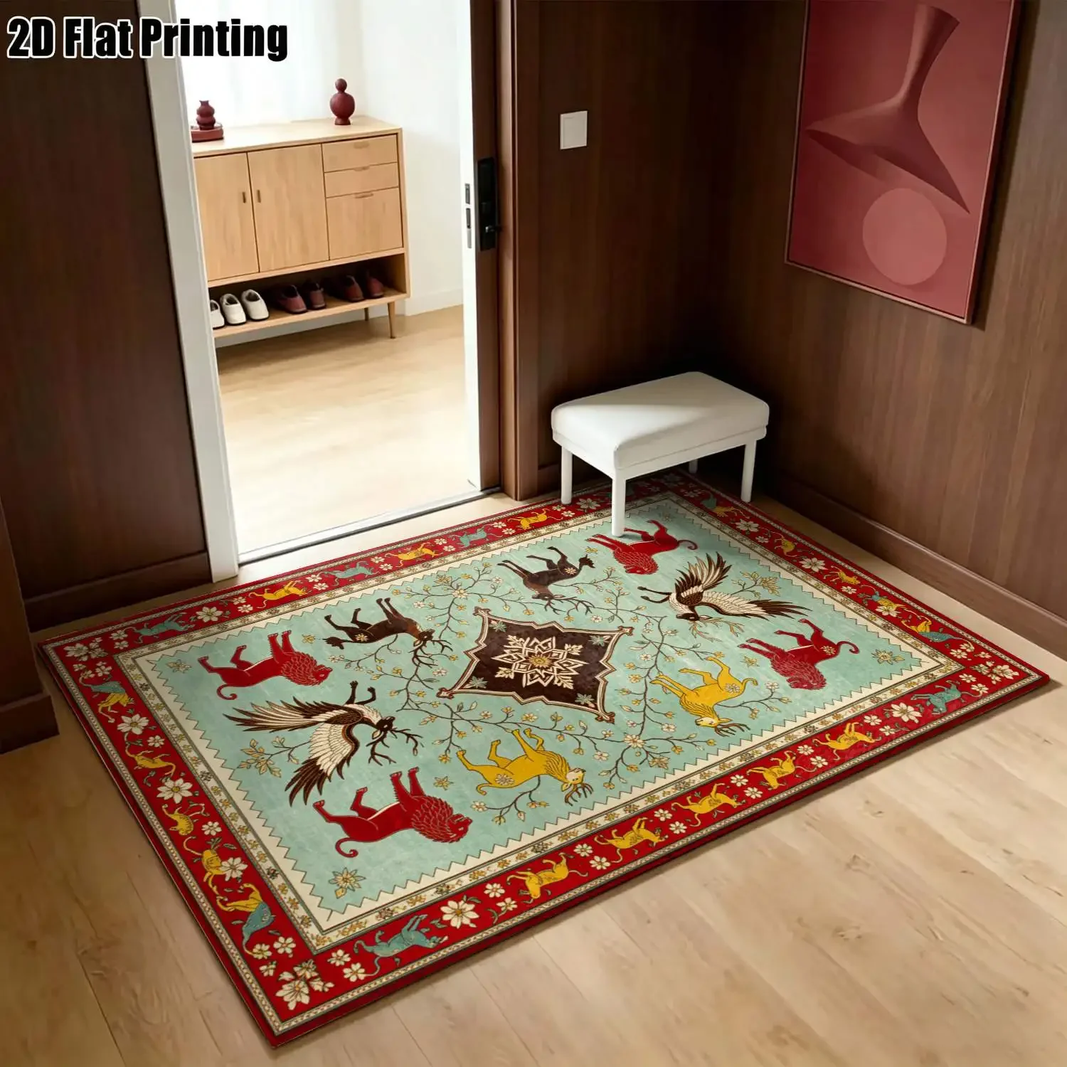 1Pc 2D Printed Carpet: Blue Animal & Floral Patterns, Vintage European Bohemian Style, Home Decor, Machine Washable, Multi-Size,