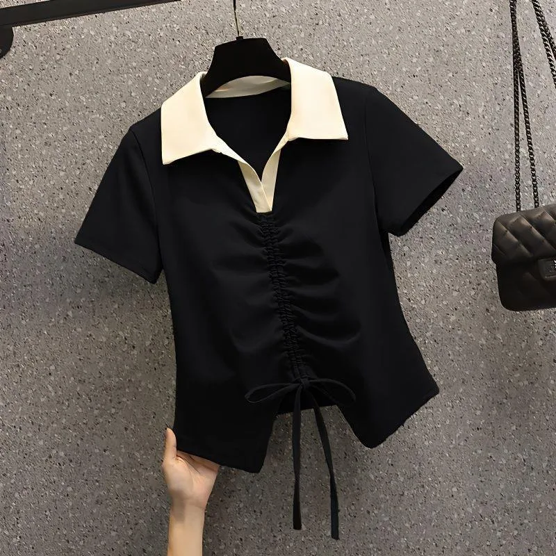 Neues Damen Sommer Übergrößen Polo-Kragen Freizeit-T-Shirt Mädchen Einfarbiges Oberteil Studenten Casual Kurzarm Schlankmachende Oberbekleidung Damen