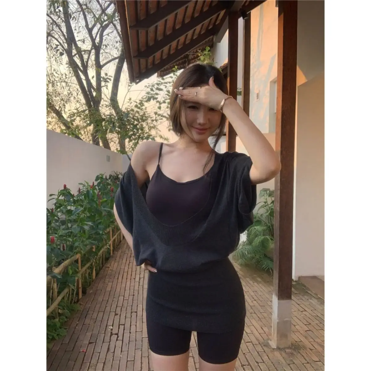 2 Piece Sets Womens Outfits Summer High-end Designed Niche Lazy Casual Style Long-sleeved Knitted Hoodie and Suspender Jumpsuit