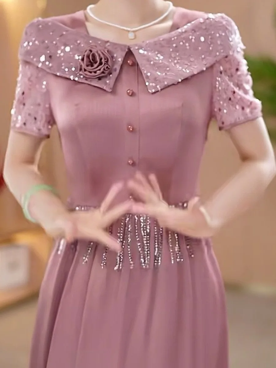 エレガントなハイウエスト A ラインドレス光沢のあるサテン刺繍花装飾痩身ミディスカートファッショナブルな夏の新着