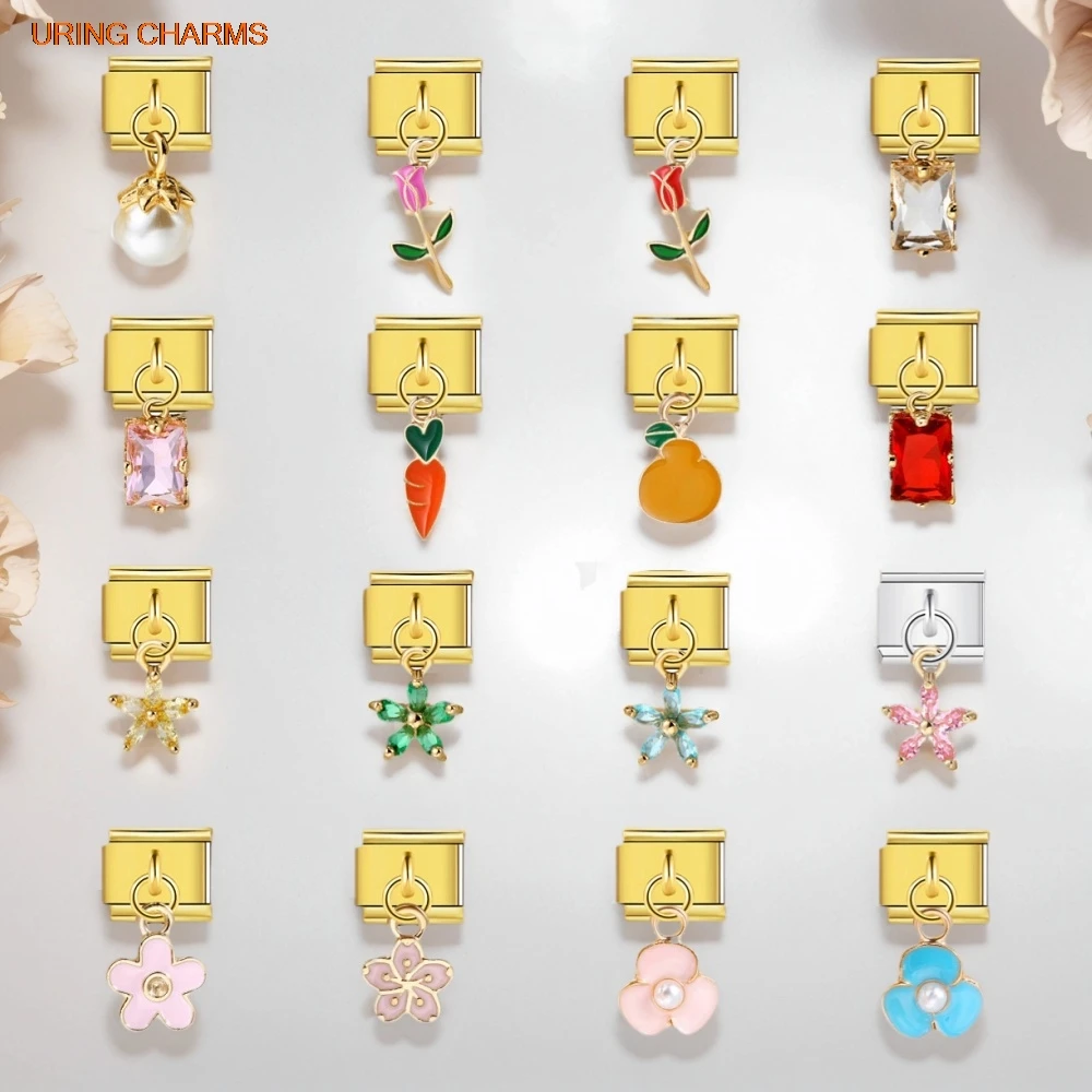 URING 9mm Trendy Petal Water Drop Plum Blossom Orange Pendant Charm Italian Link Fit 9mm Stainless Steel Jewelry Bead Making DIY