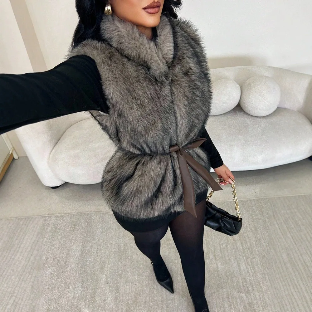 Women Faux Fur Vest Coats Jackets Stand Collar Vest Coat Thick Warm Y2k Streetwear Jacket Elegant Work Tight Waist Autumn Winter 2
