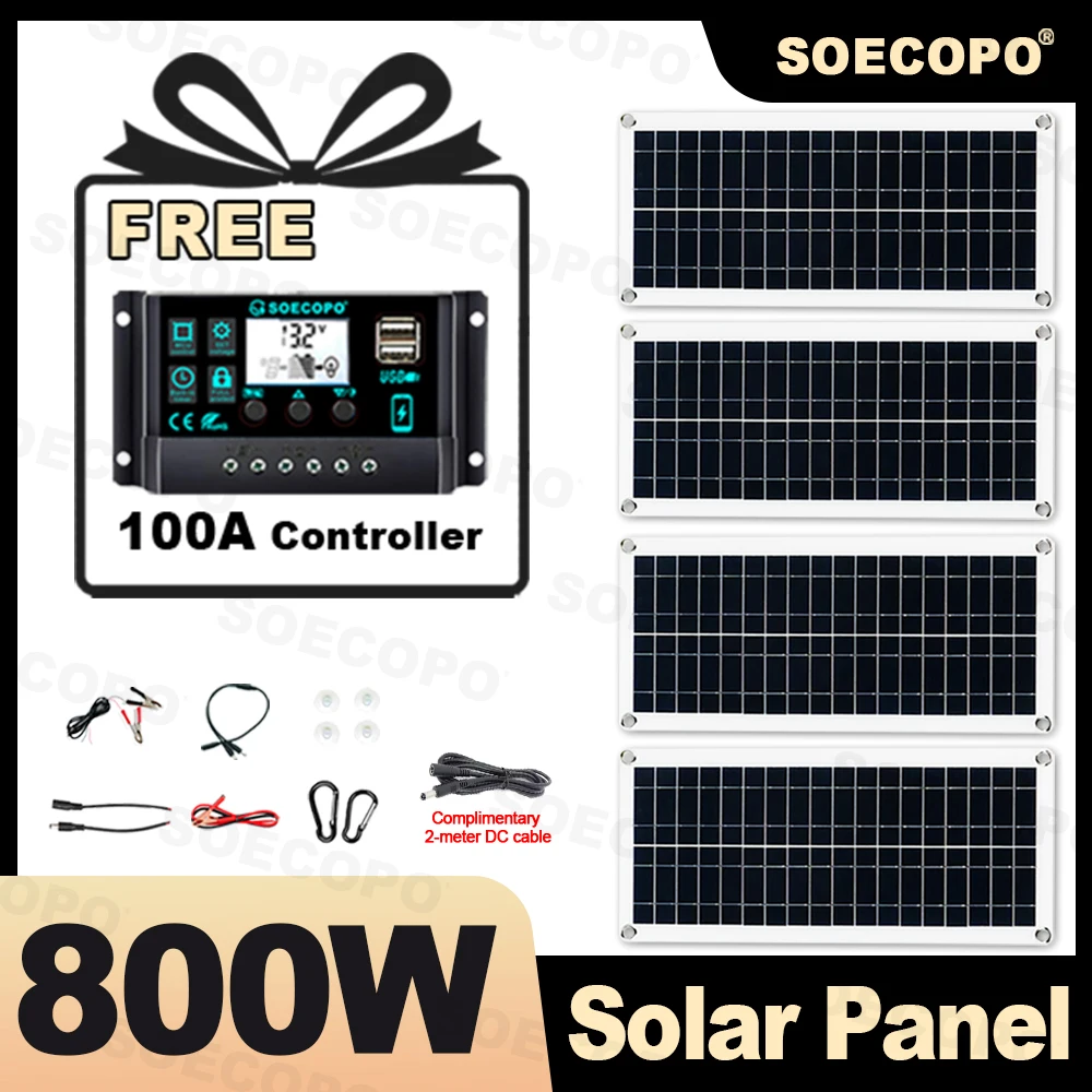SOECOPO 800W Portable Solar Panel System Kit 4*200W Panels Free 100A Controller USB 5V for Camping Equipment RV Charge Phone