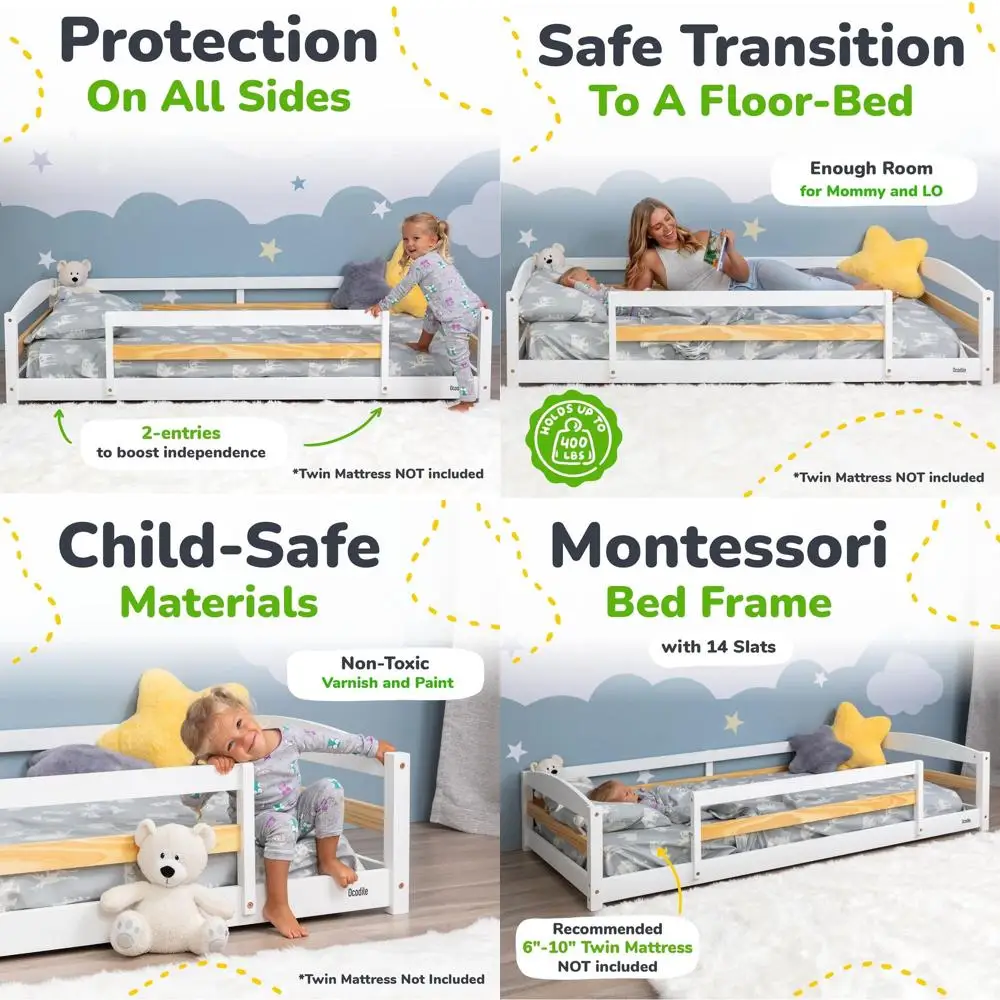 

Двуспальная кровать с защитными бортиками для детей - белая, подходит для мальчиков и девочек