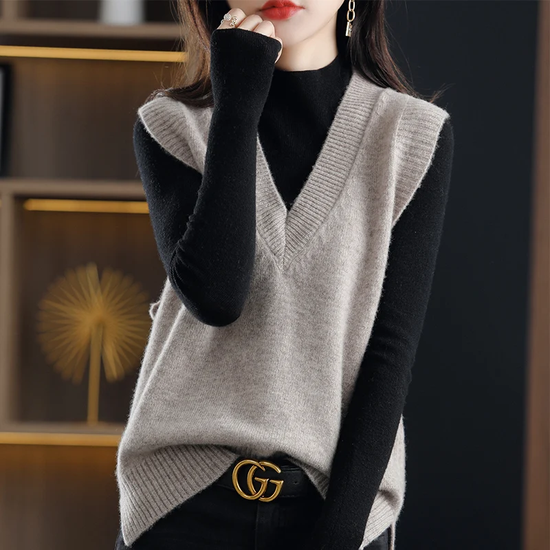 Colete de Lã 100% Pura para Mulheres, Suéter Tricotado com Decote em V, Moda Versátil, Almofada de Ombro para Uso Diário