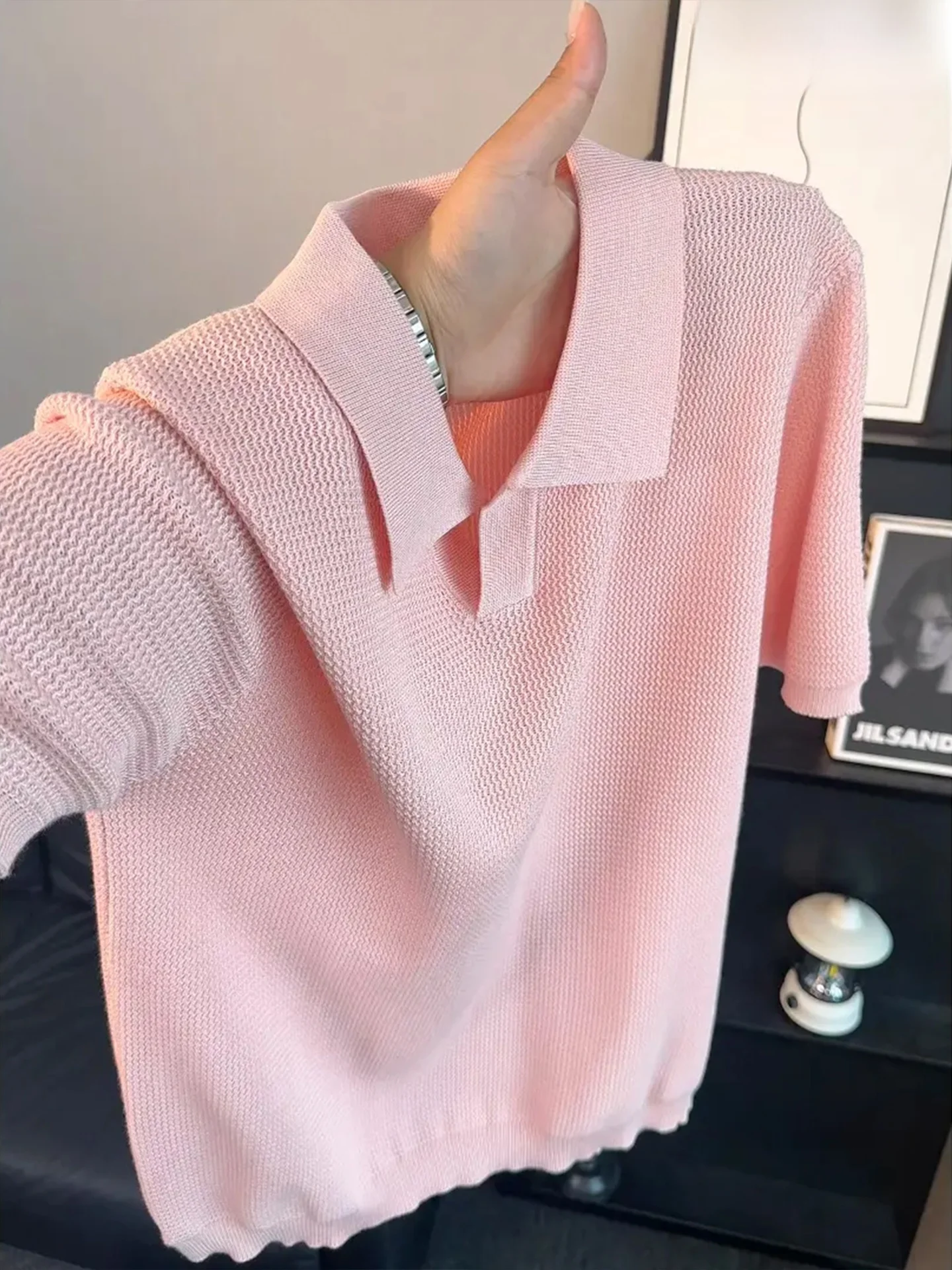 Men's Knitted Short Sleeve  Shirt Summer Ocean Bird Collar Texture CleanFit Casual T-Shirt Soft Comfortable Breathable