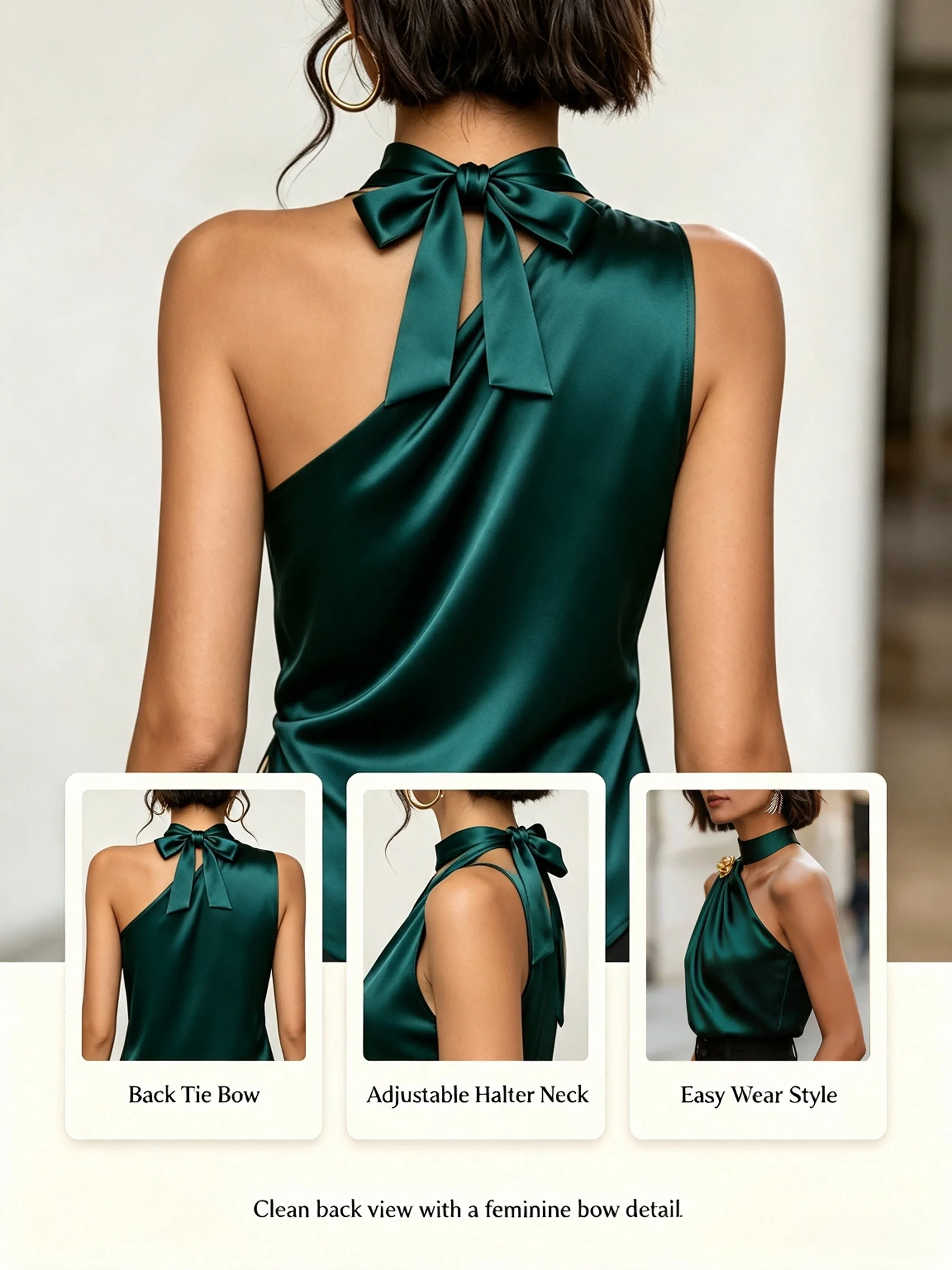 Smaragdgrünes Satin-Neckholder-Top mit einer Schulter für Damen, Elegante Goldrosen-Brosche, Drapierte Ärmellose Bluse, Party- und Abendhemd – Detail 4