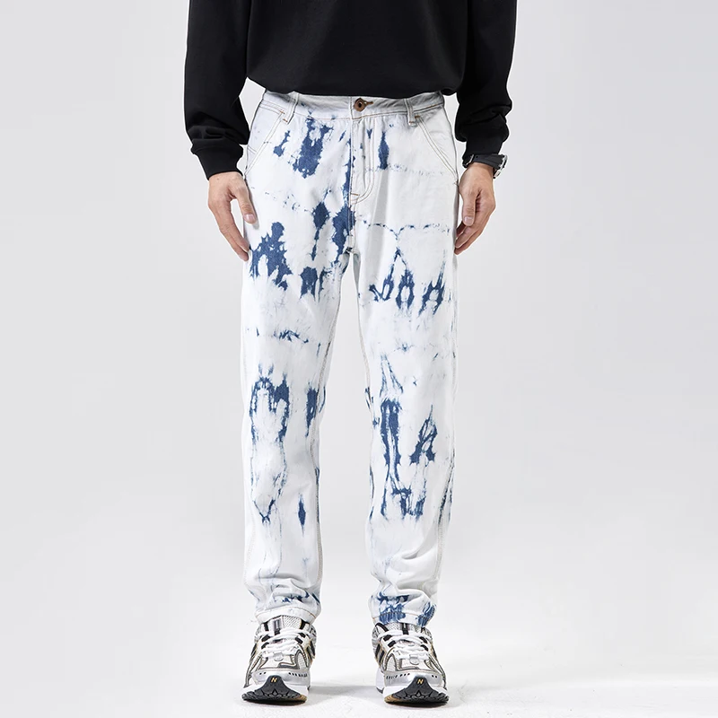 Light luxury and high-end quality white jeans MEN'S FASHION street fashion label loose washed printed straight leg denim pants