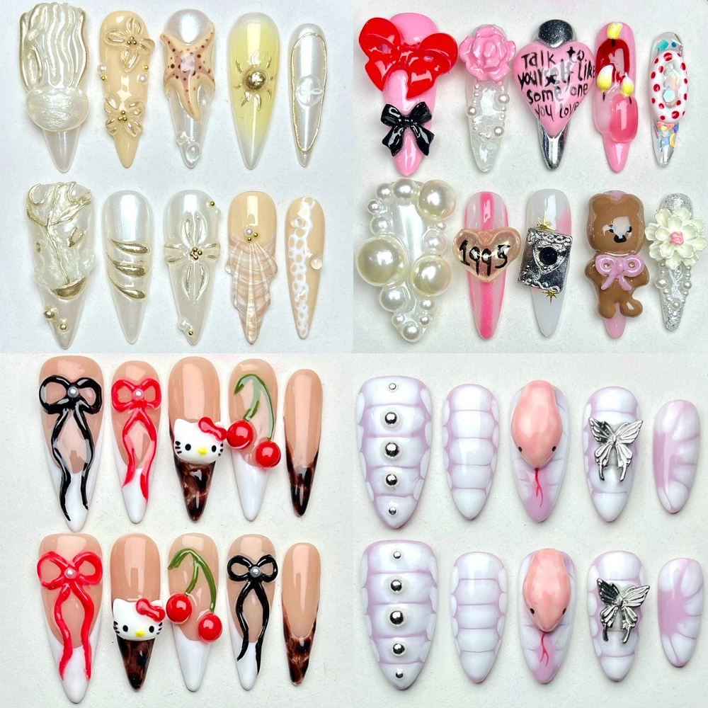 

Spice Girl 3D Hello Kitty Flower Bow Cherry Handmade Almond Square Fake Nails Snake Pearl Butterfly Rhinestone Press On Nails