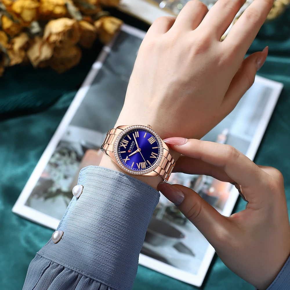 CURREN Charming Rose Watches for Women Luminous Hands Stainless Steel Band Clock Thin Quartz Ladies Wristwatches