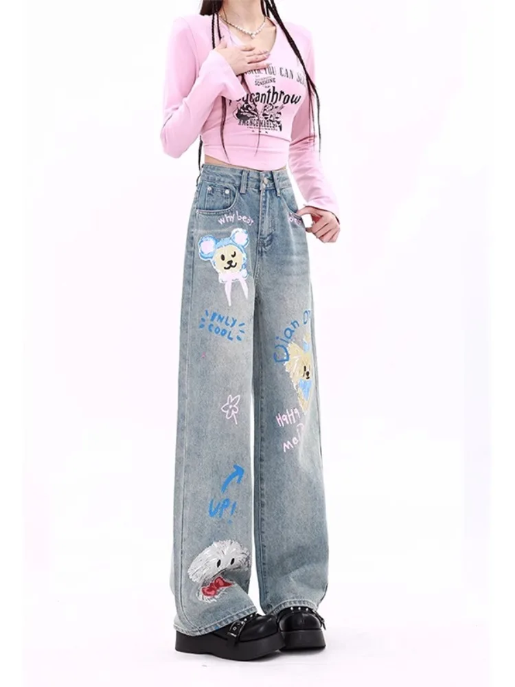 Y2k vintage americano dopamina graffiti denim calças femininas 2025 outono inverno cintura alta solta perna larga reta streetwear jeans
