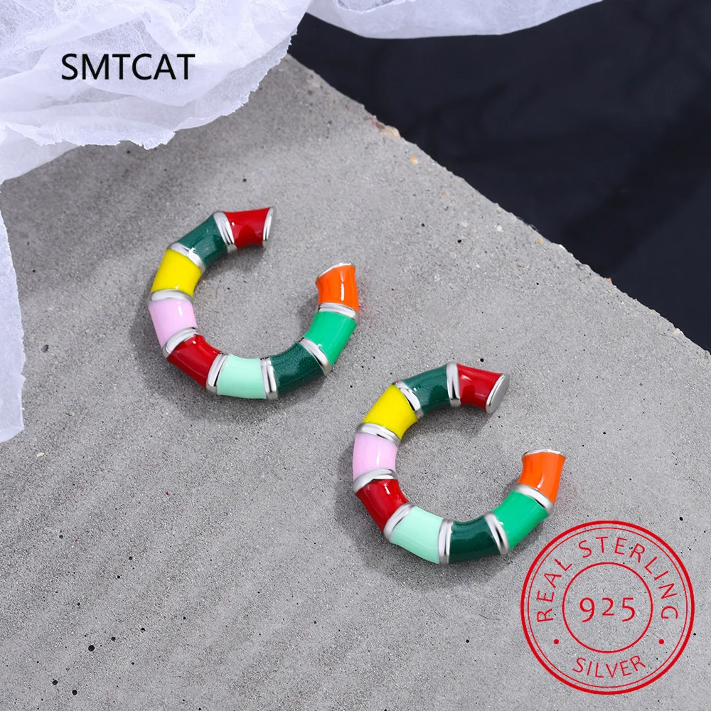 925 Sterling Silver Colorful Enamel Rainbow Candy Ear Cuff Clip On Earring For Women Girl Without Piercing Earing Jewelry DA457