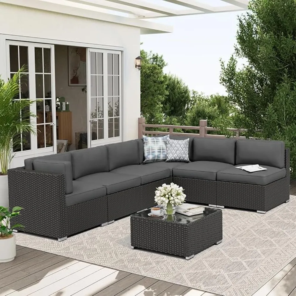 7-Piece Outdoor Patio Furniture Sofa Set Black Rattan with Glass Top Table and Cushions Wicker Sectional Conversation Sets