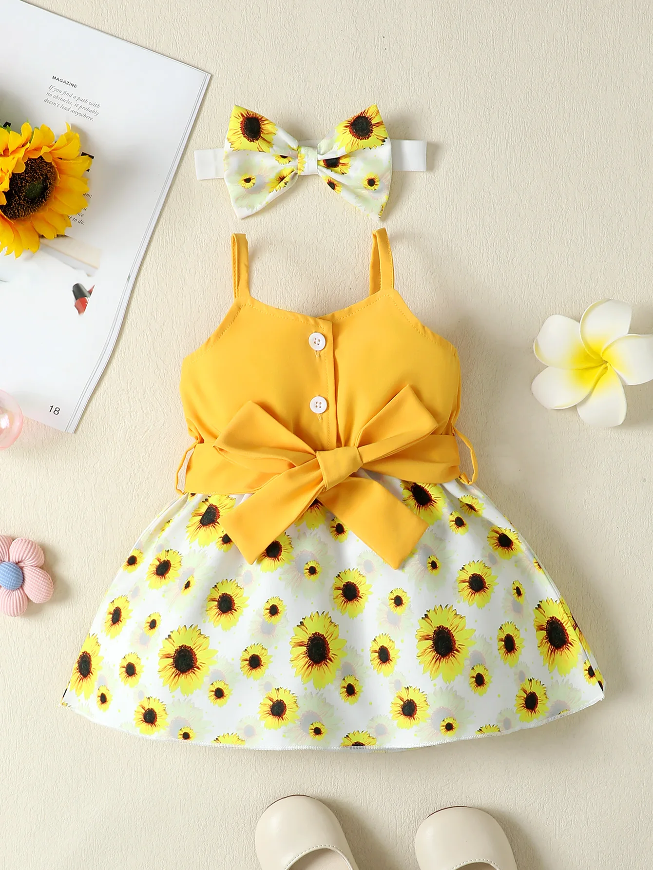 Summer Dress for Kids 0-24 Months Style Fashion Belt Sunflower Print Dress Princess Formal Splicing of Straps  Dresses