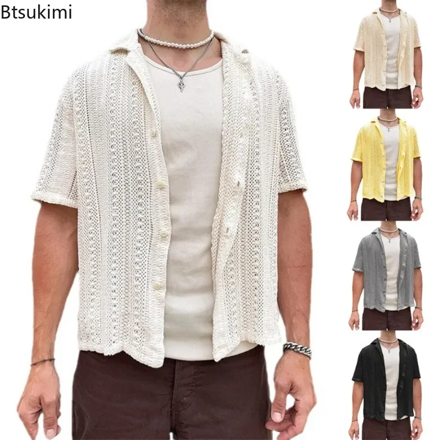 2025 Men\'s Hollow Out Knitted Shirts Summer Breathable Solid Vintage Knit Cardigan Men Casual Short Sleeve T-shirt Beach Tops