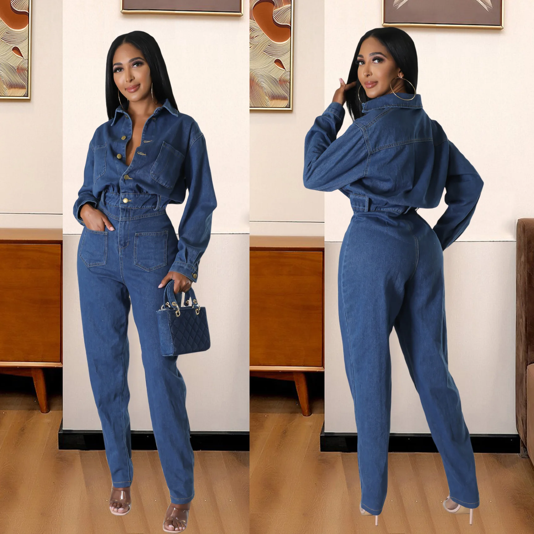 

Denim Jumpsuit Women Jeans Overall High Waist Pencil Jean Washed Pockets Spring 2026 Vintage Spliced Slim Fit Pockets Solid
