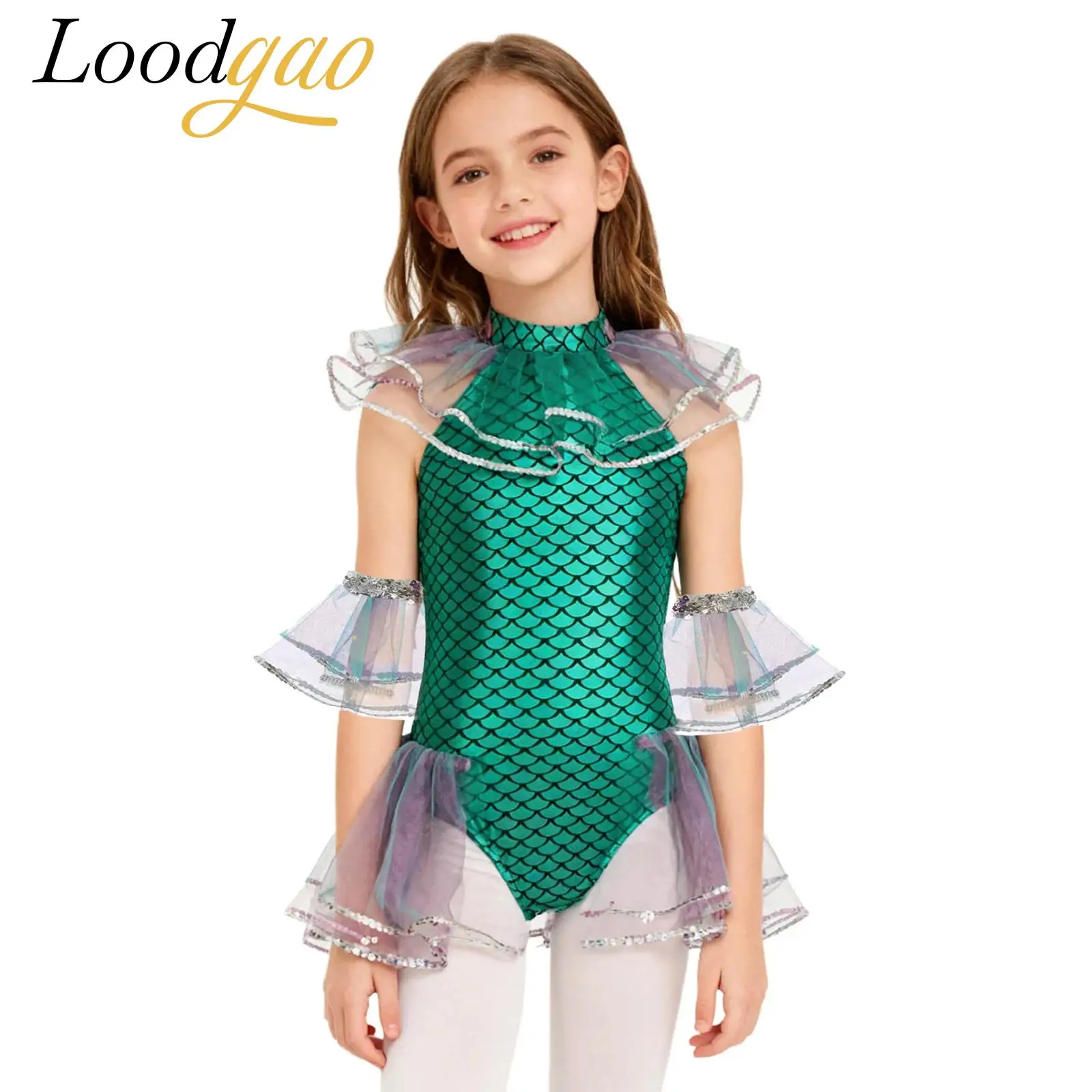 

Girls Mermaid Dress Up Mesh Fish Scale Skirted Bodysuit Leotard Shiny Cosplay Princess Costume Carnival Ballet Dance Outfits