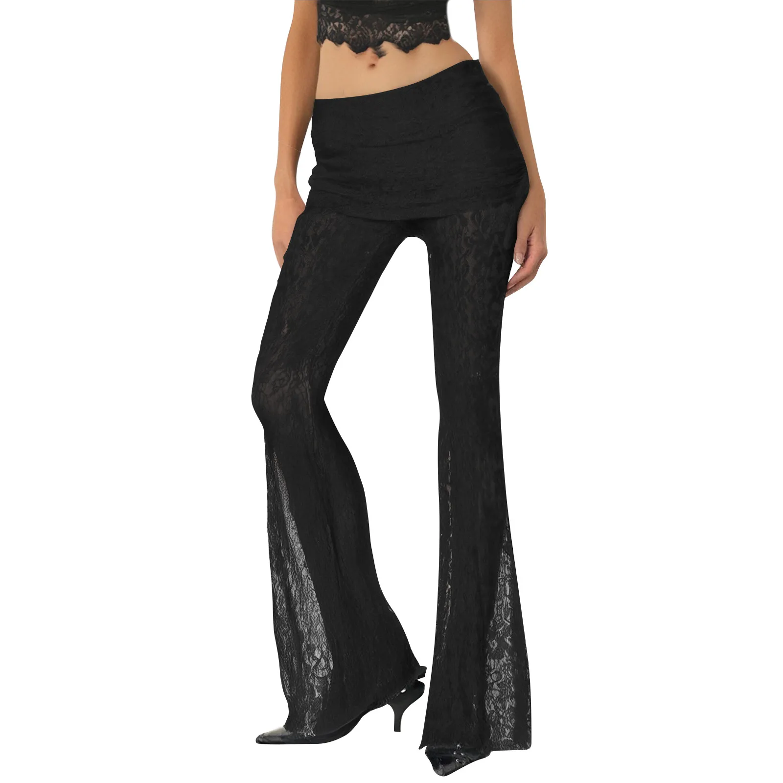 2025 Pantaloni svasati in rete velata di pizzo di nuova moda Pantaloni lunghi elastici a vita alta Pantaloni da strada slim stile semplice da donna di Halloween