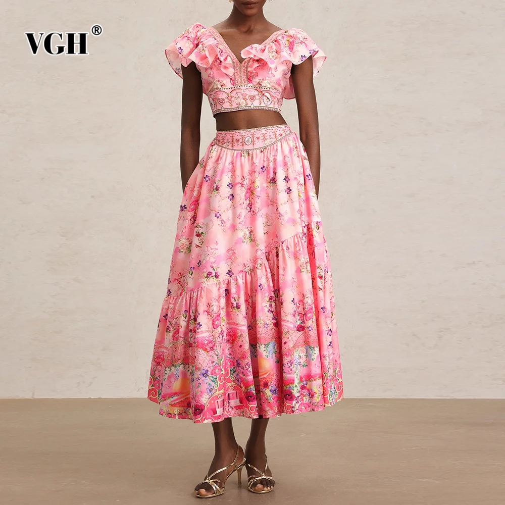 

VGH Vintage Printing Two Piece Sets For Women V Neck Sleeveless Folds Short Top High Waist Draped Skirt Casual Set Female New