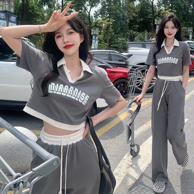 Leisure Sports Set for Women in Spring and Summer Korean Version Short Top High Waist Wide Leg Pants Two-piece Set