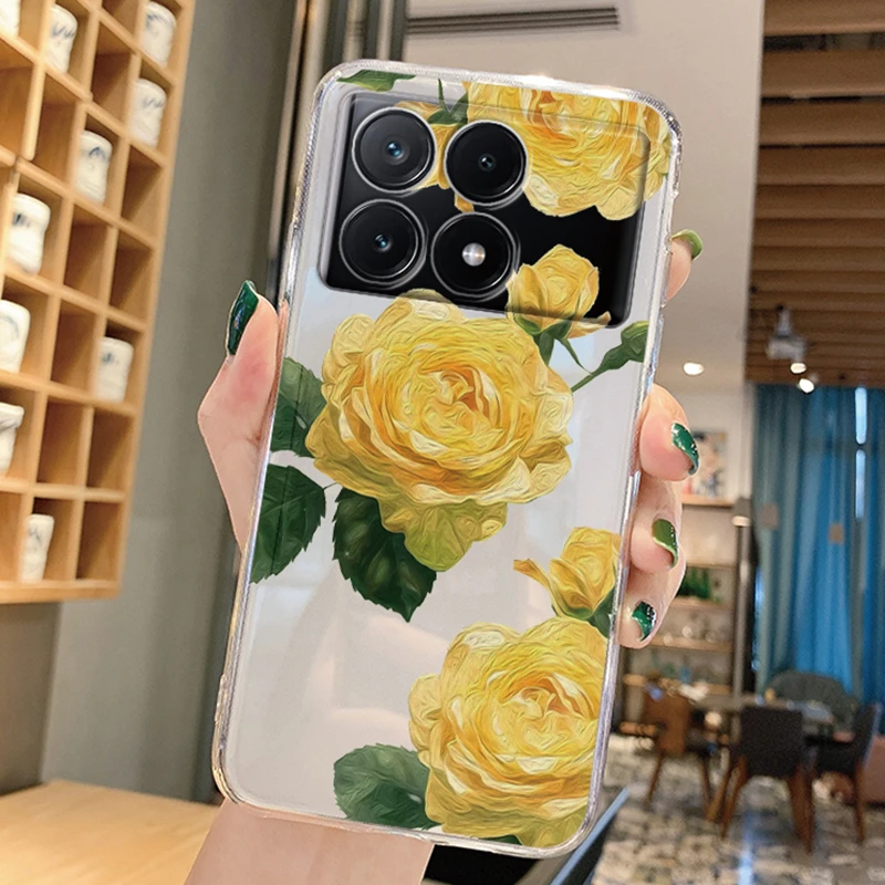 Для Redmi A4 Xiaomi Poco X6 Pro X5 X5 Pro X4 Pro F6 M6 F4 F5 F6 Pro M3 F3 M4 Pro 5G Чехол для телефона Роскошные цветочные растения Прозрачный корпус