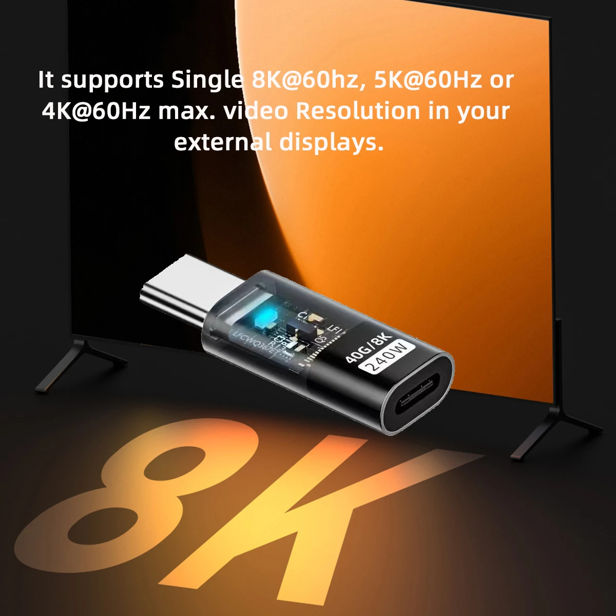 chenyang USB C Connector USB4 Type C 240W Power 40Gbps Data 8K Video Extension Connector Adapter Transparent with LED