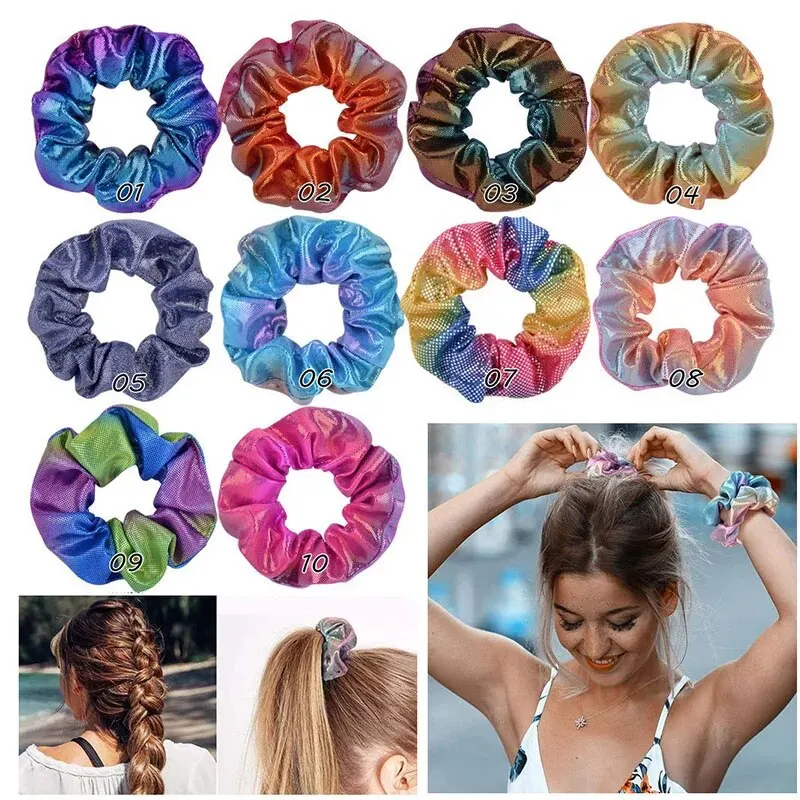 10 Pcs Set of Laser Fabric Hair Rings With Gold Stamping and Dual Color Gradient Pig Large Intestine Ring Flower Heads