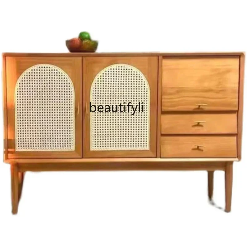 

New Arrivals Nordic Small Mid-Ancient Rattan Sideboard Cabinet Modern Minimalist Storage Solid Wood Tea Cabinet Japanese Style