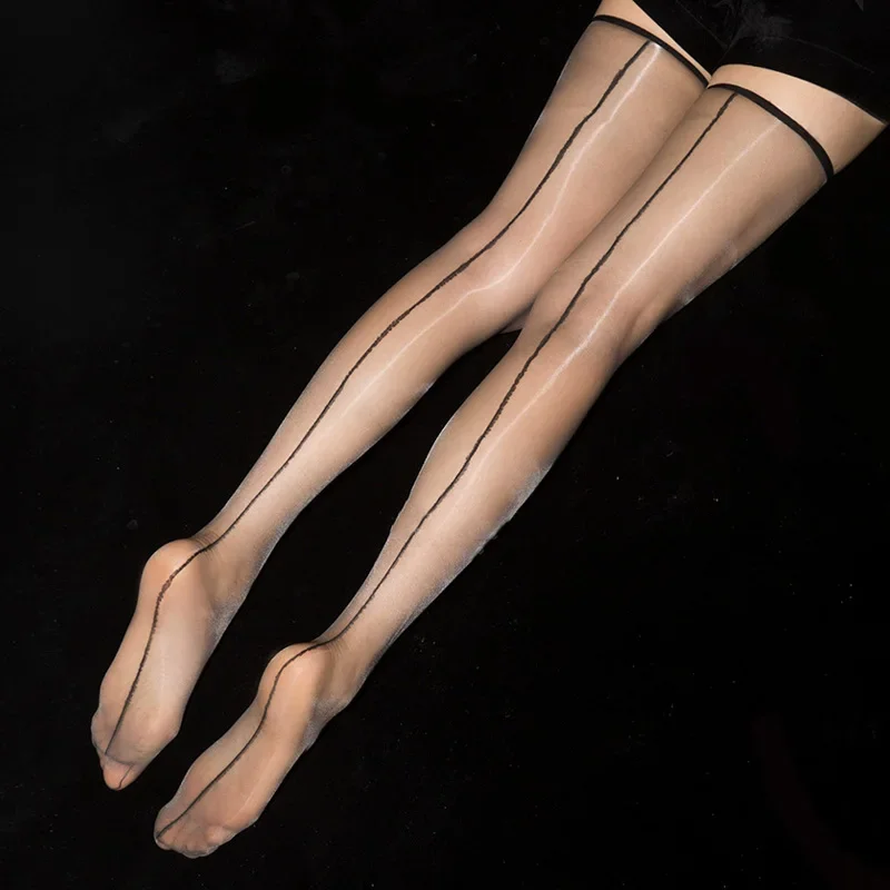 1D Ultra Thin Transparent Thigh High Stockings Women Sexy Oil Shine Long Stockings Retro Back Line Seamed Medias Glossy Hosiery