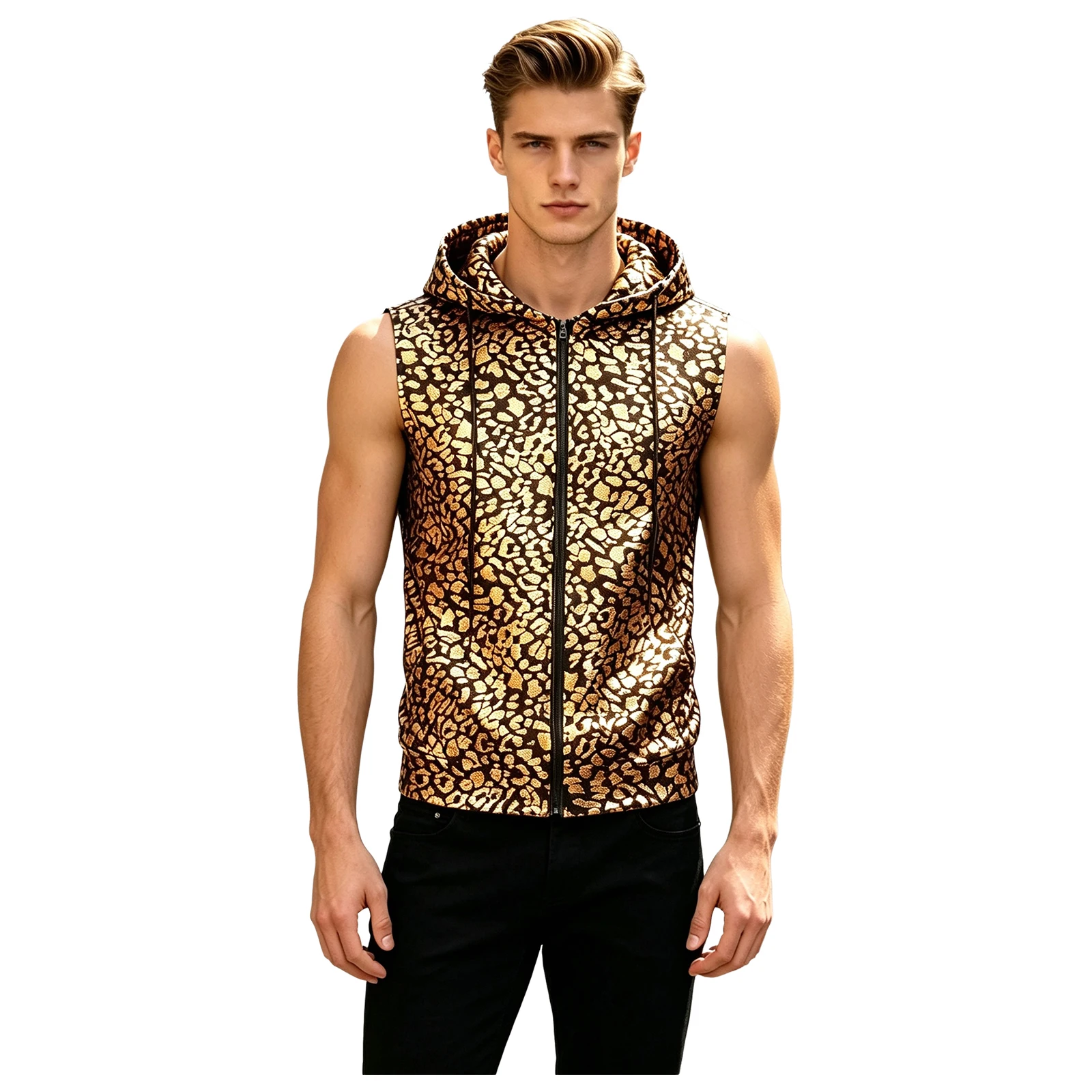 Metallic Leopard Couple Hoodie Vest for Men Women Sleeveless Zip Hooded Top for Daily Casual Rave Club Disco Concert Festival